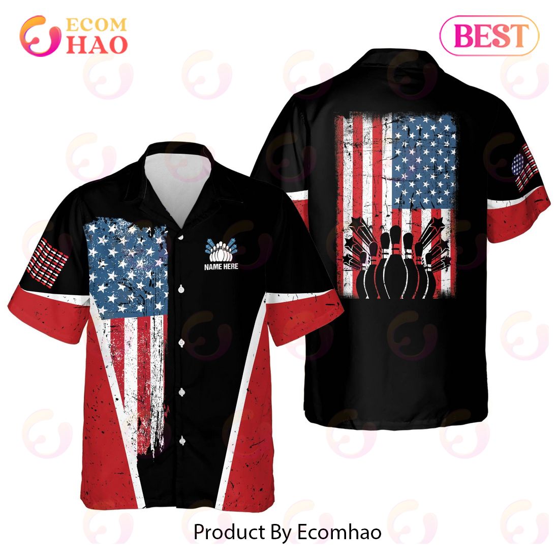 Maxcorners USA Bowling Flag Personalized Name Hawaiian Shirt