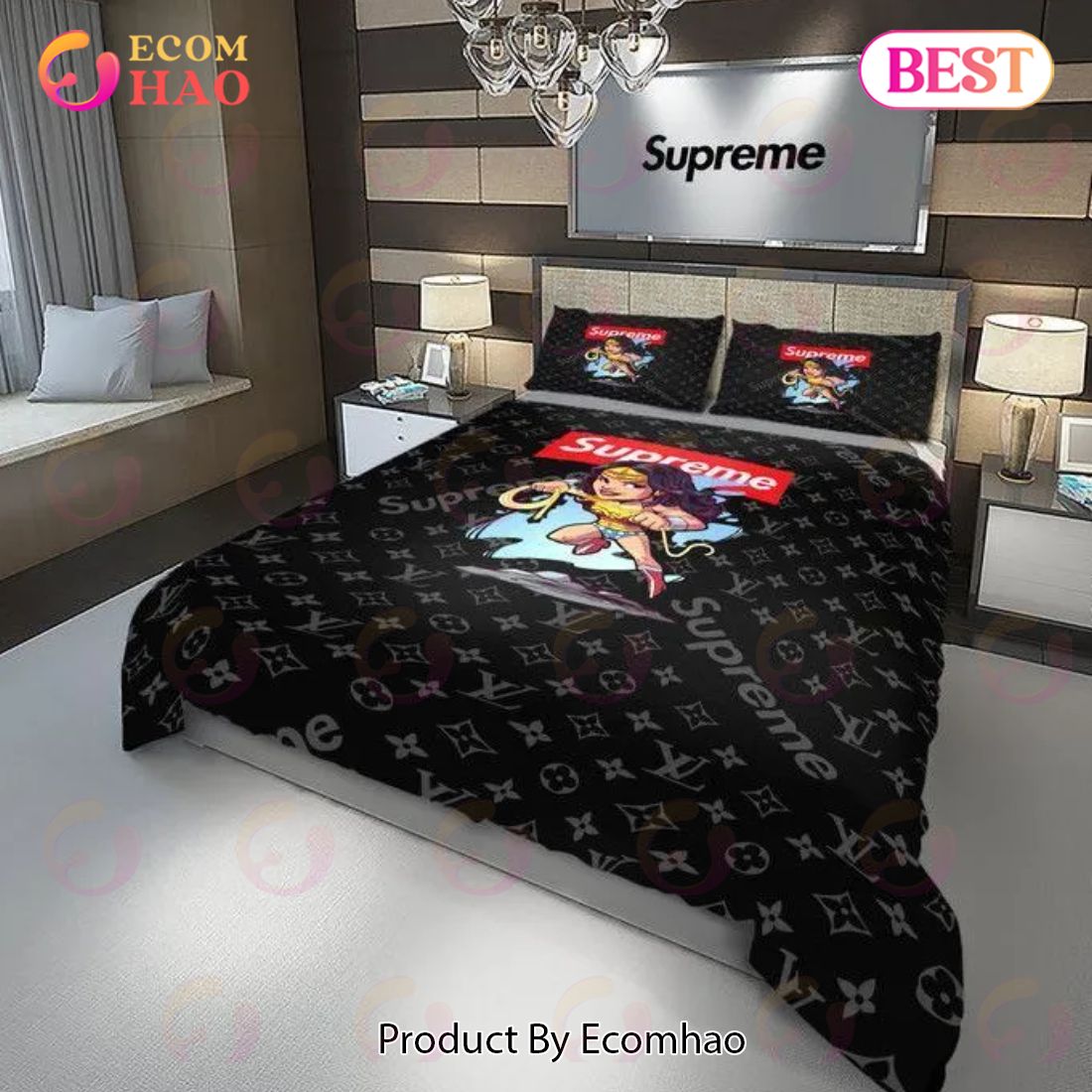 Louis Vuitton Supreme Wonder Woman Luxury Brand Bedding Set For Bedroom Luxury Bedspread Duvet Cover Set With Pillowcases Home Decoration Luxury Items