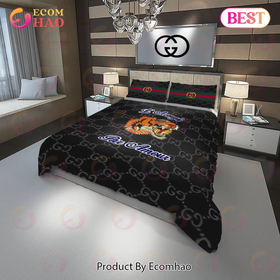 Gucci Tiger Fashion Logo Luxury Brand Premium Bedding Sets Bedroom Decor Thanksgiving Decorations For Home Luxury Items