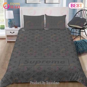 Louis Vuitton Supreme Grey Luxury Brand Logo Premium Bedding Setsbed Sets Bedroom Sets Comforter Sets Duvet Cover Bedspread