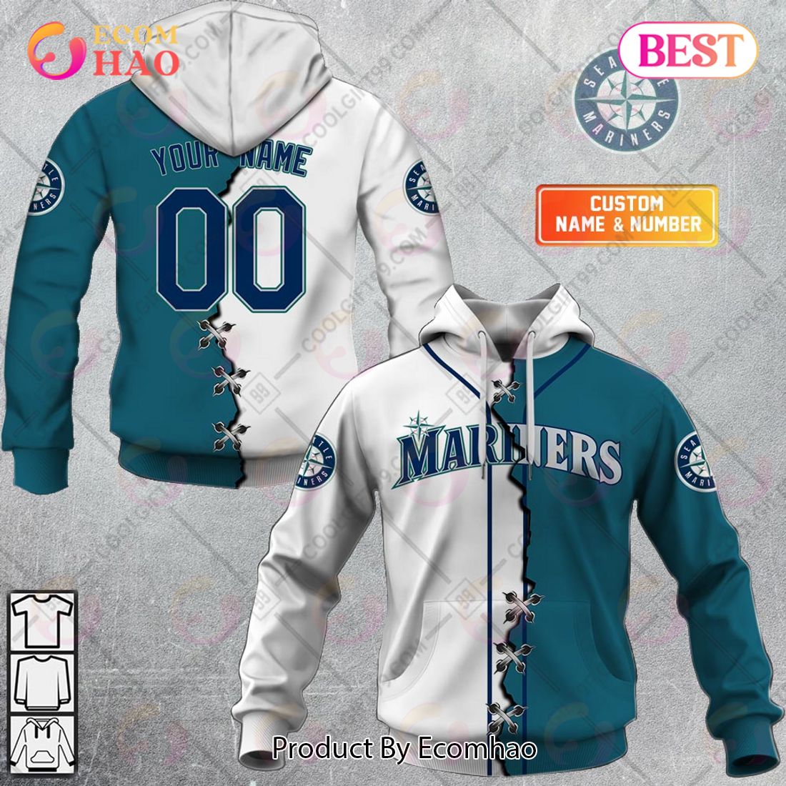 MLB Seattle Mariners Custom Name Number Pink Breast Cancer Zip Up