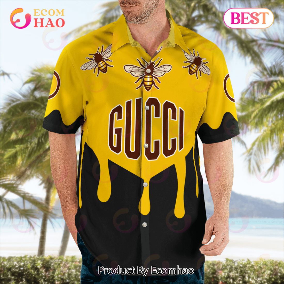 NEW Gucci Bee Black Gold Hawaiian Shirt & Beach Shorts Luxury Items