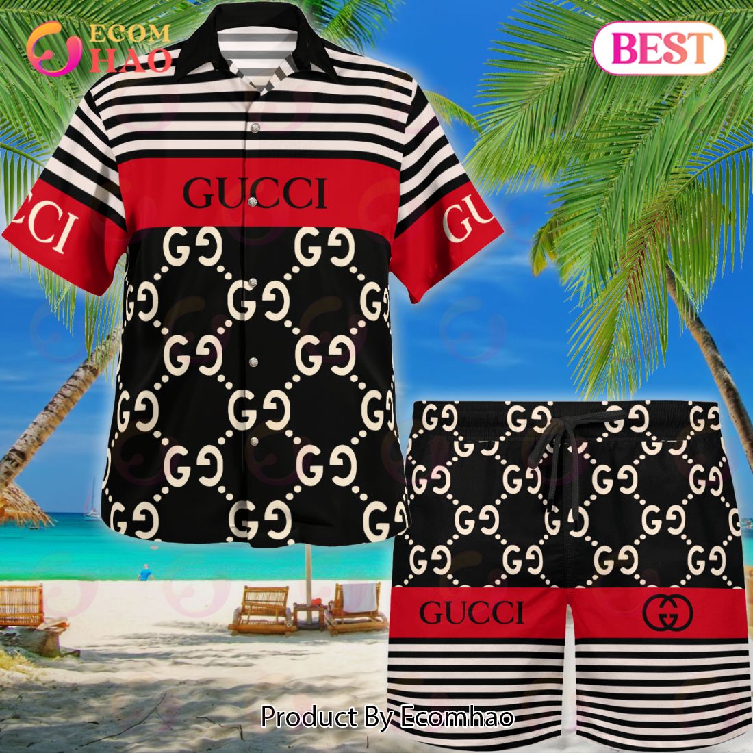 NEW Gucci Black Mix Red Hawaiian Shirt & Beach Shorts Luxury Items