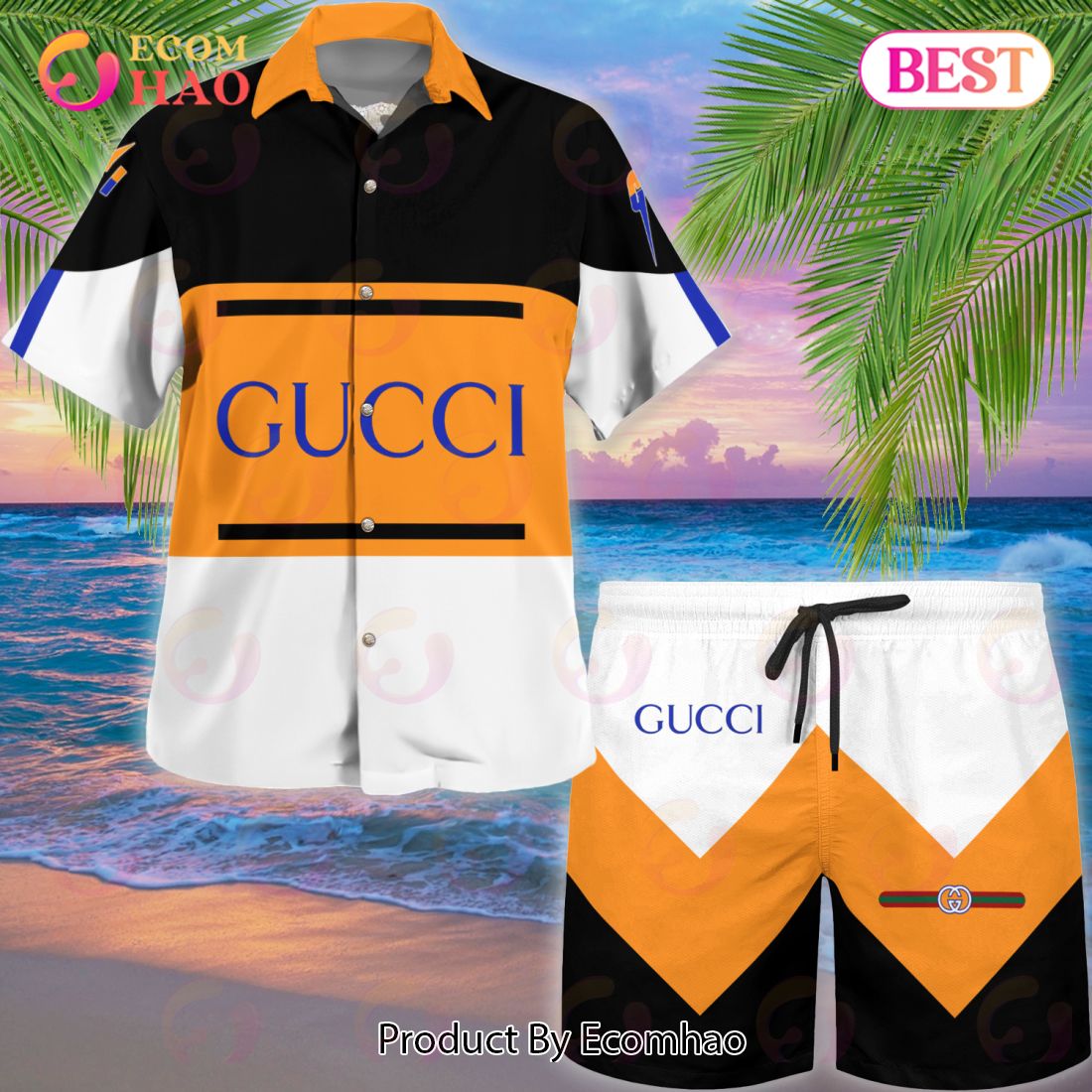 NEW Gucci Black White Orange Hot Summer 2023 Hawaiian Shirt & Beach Shorts Luxury Items