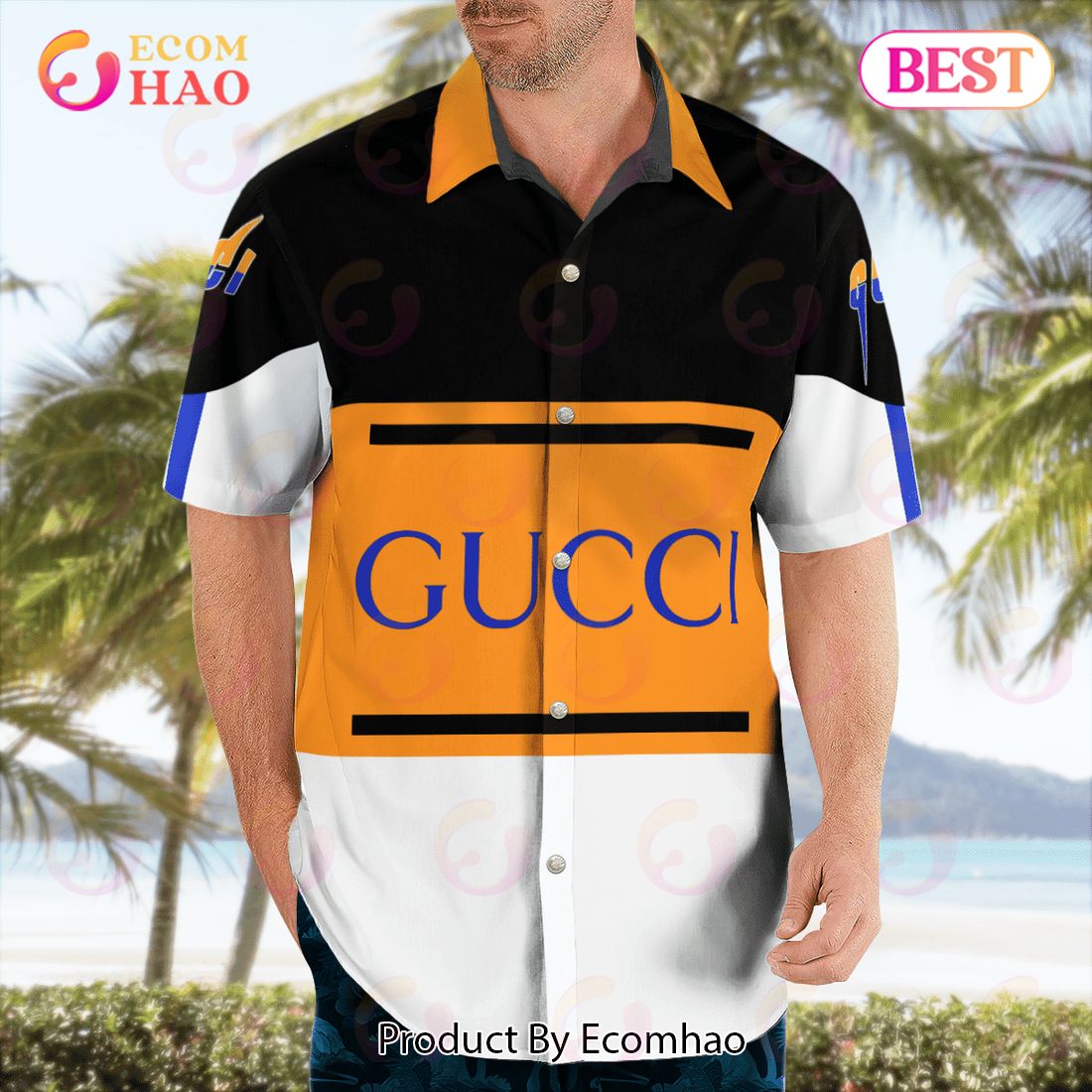 NEW Gucci Black White Orange Hot Summer 2023 Hawaiian Shirt & Beach Shorts Luxury Items