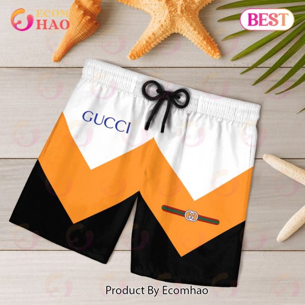 NEW Gucci Black White Orange Hot Summer 2023 Hawaiian Shirt & Beach Shorts