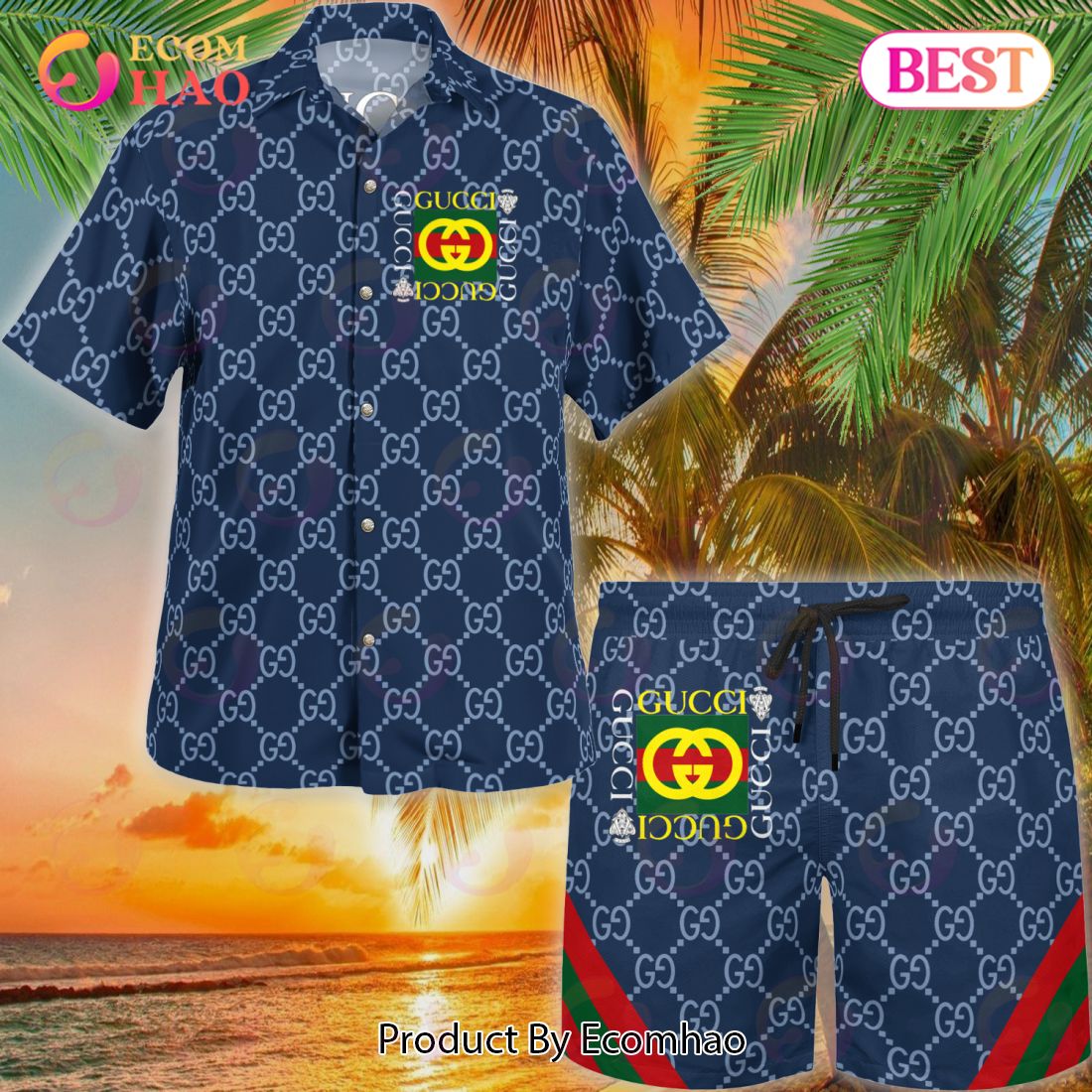 NEW Gucci Blue Color Hawaiian Shirt & Beach Shorts Luxury Items