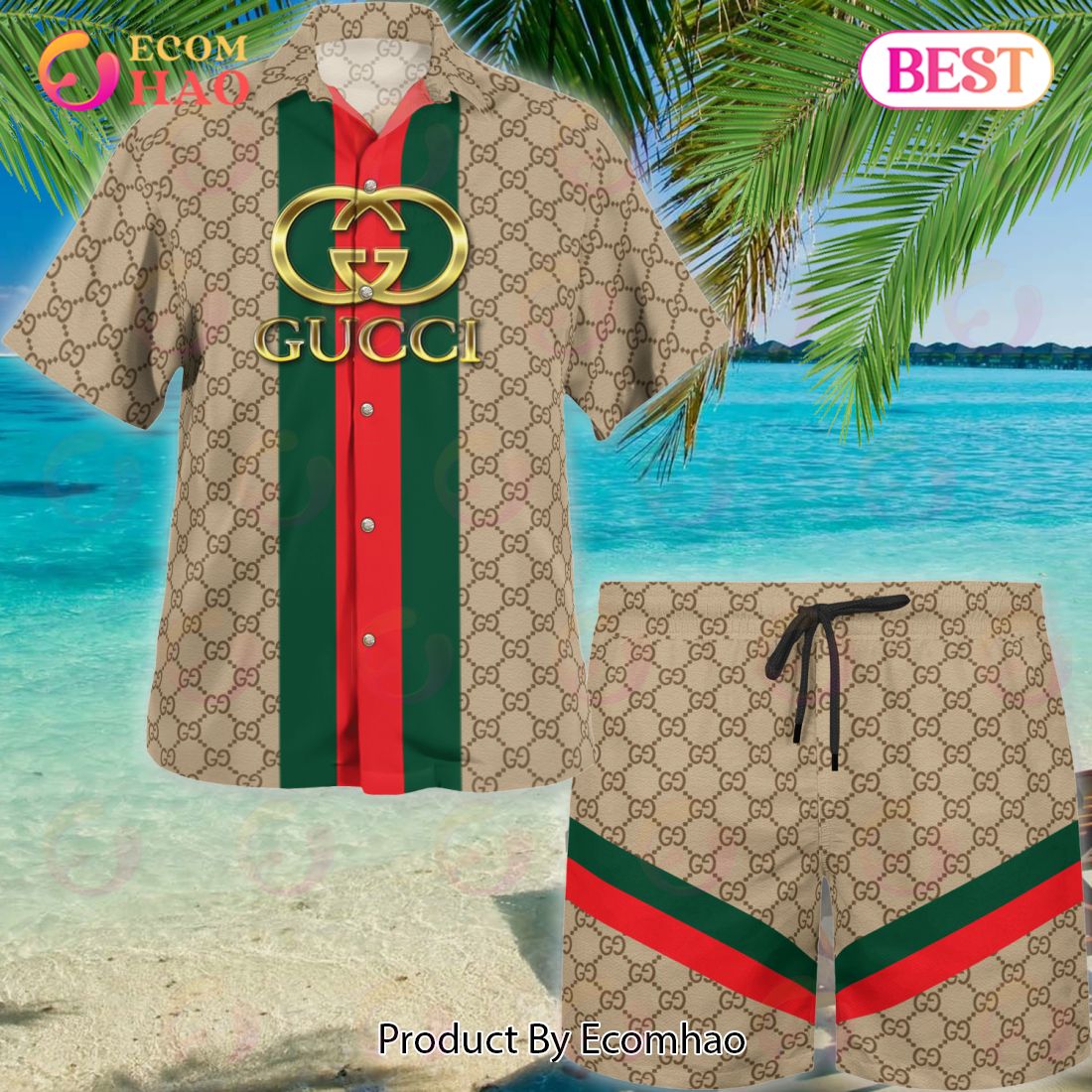 NEW Gucci Brown Color Hawaiian Shirt & Beach Shorts Luxury Items