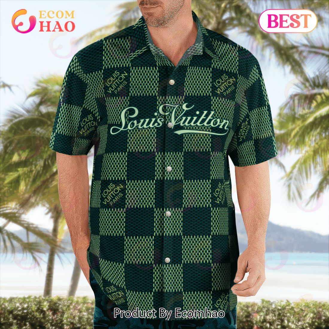 NEW Louis Vuitton Paris Green Color Hawaiian Shirt & Beach Shorts Luxury Items