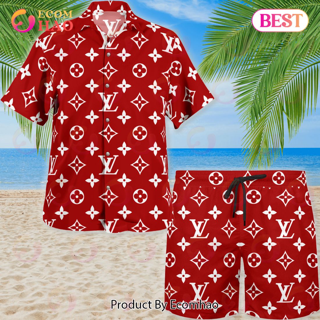 NEW Louis Vuitton Red Color Hawaiian Shirt & Beach Shorts - Ecomhao Store