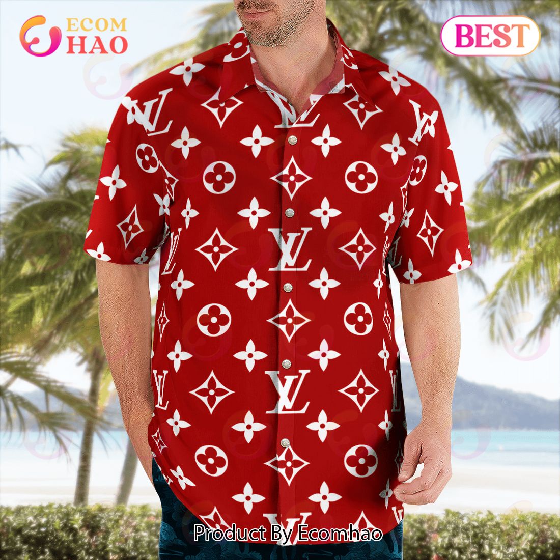 NEW Louis Vuitton Red Color Hawaiian Shirt & Beach Shorts