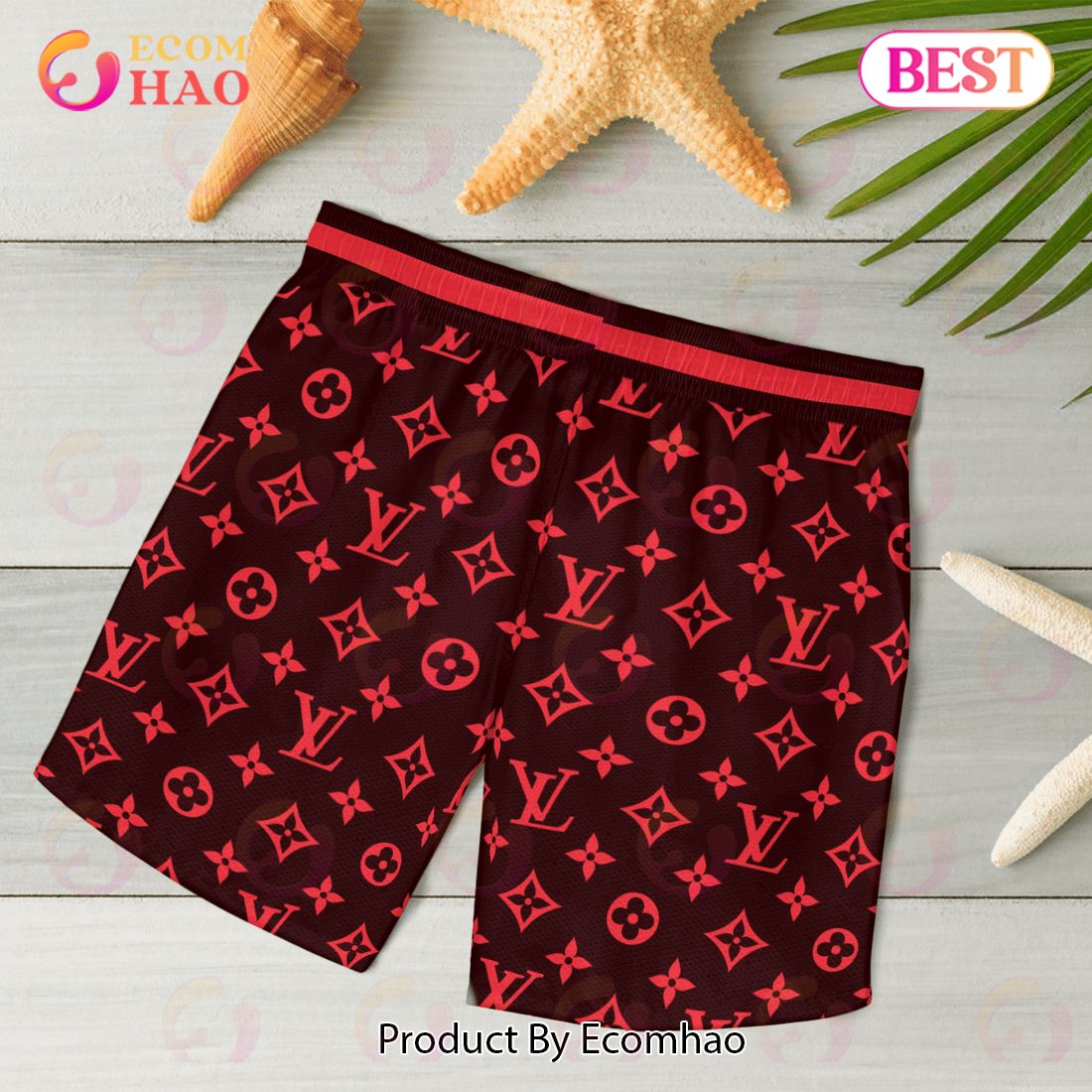 LV Red Hawaii Shirt Shorts Set Luxury Beach Clothing Clothes Outfit For Men  in 2023