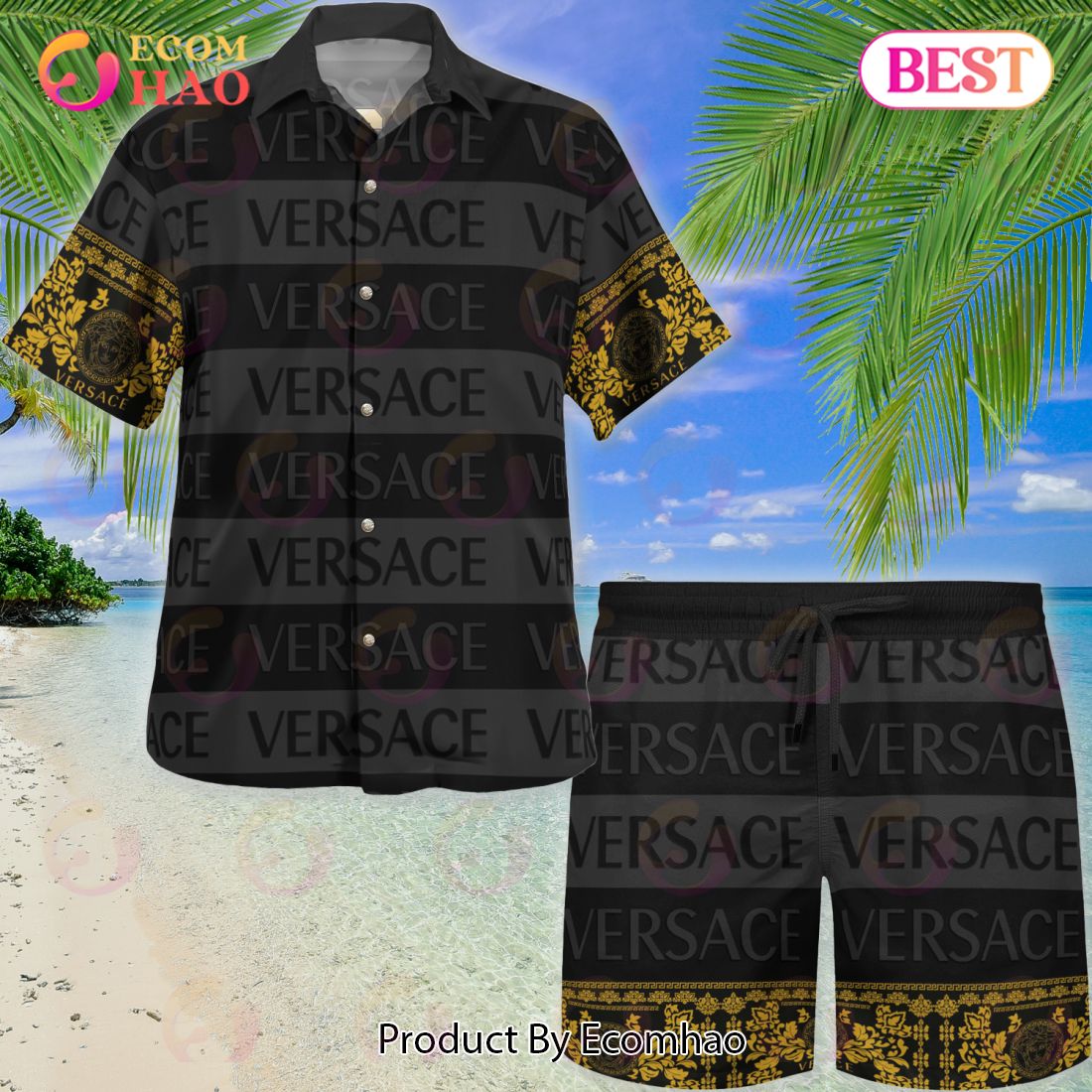 NEW Versace Black Color Hawaiian Shirt & Beach Shorts