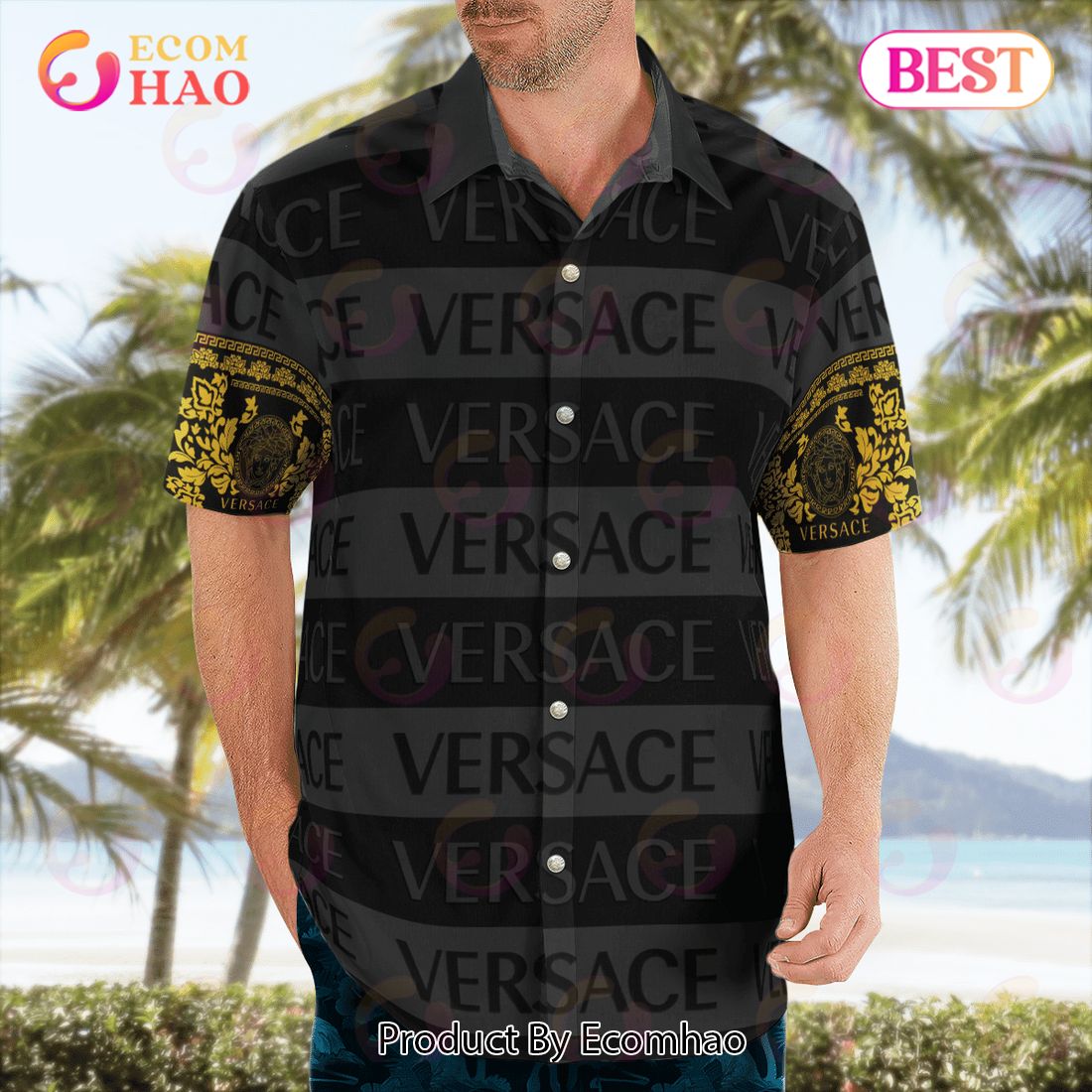 NEW Versace Black Color Hawaiian Shirt & Beach Shorts