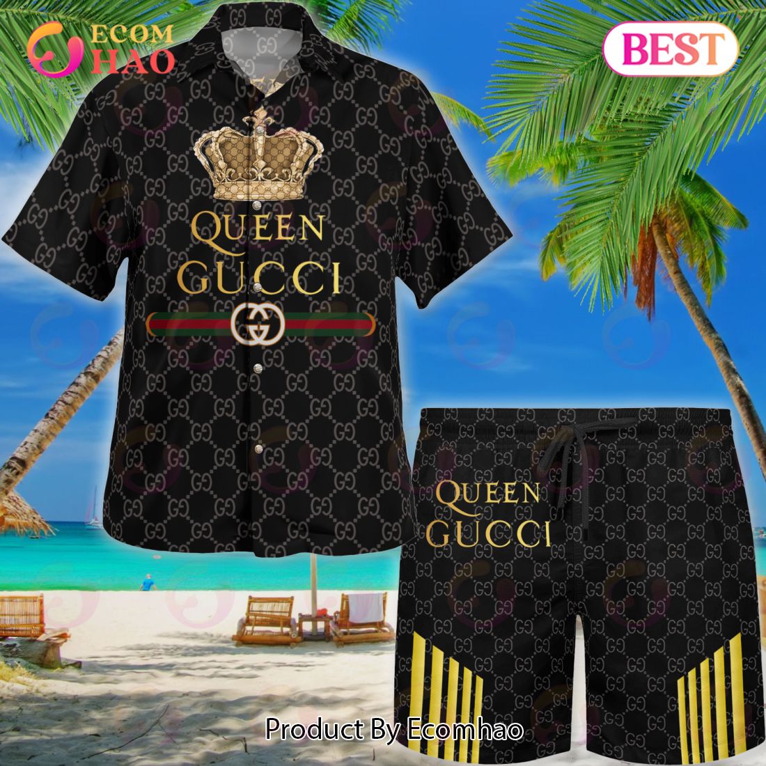 NEW Gucci King Black Color  Hawaiian Shirt & Beach Shorts Luxury Items