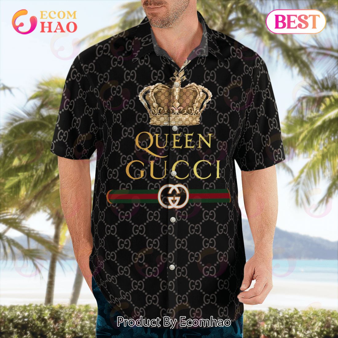 NEW Gucci King Black Color  Hawaiian Shirt & Beach Shorts Luxury Items