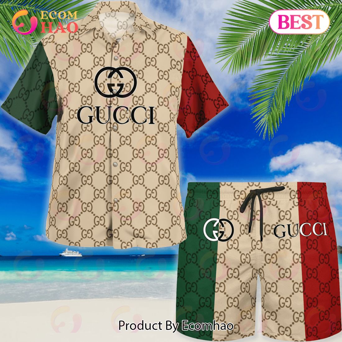 NEW Gucci Red Greeb Brown Hawaiian Shirt & Beach Shorts Luxury Items