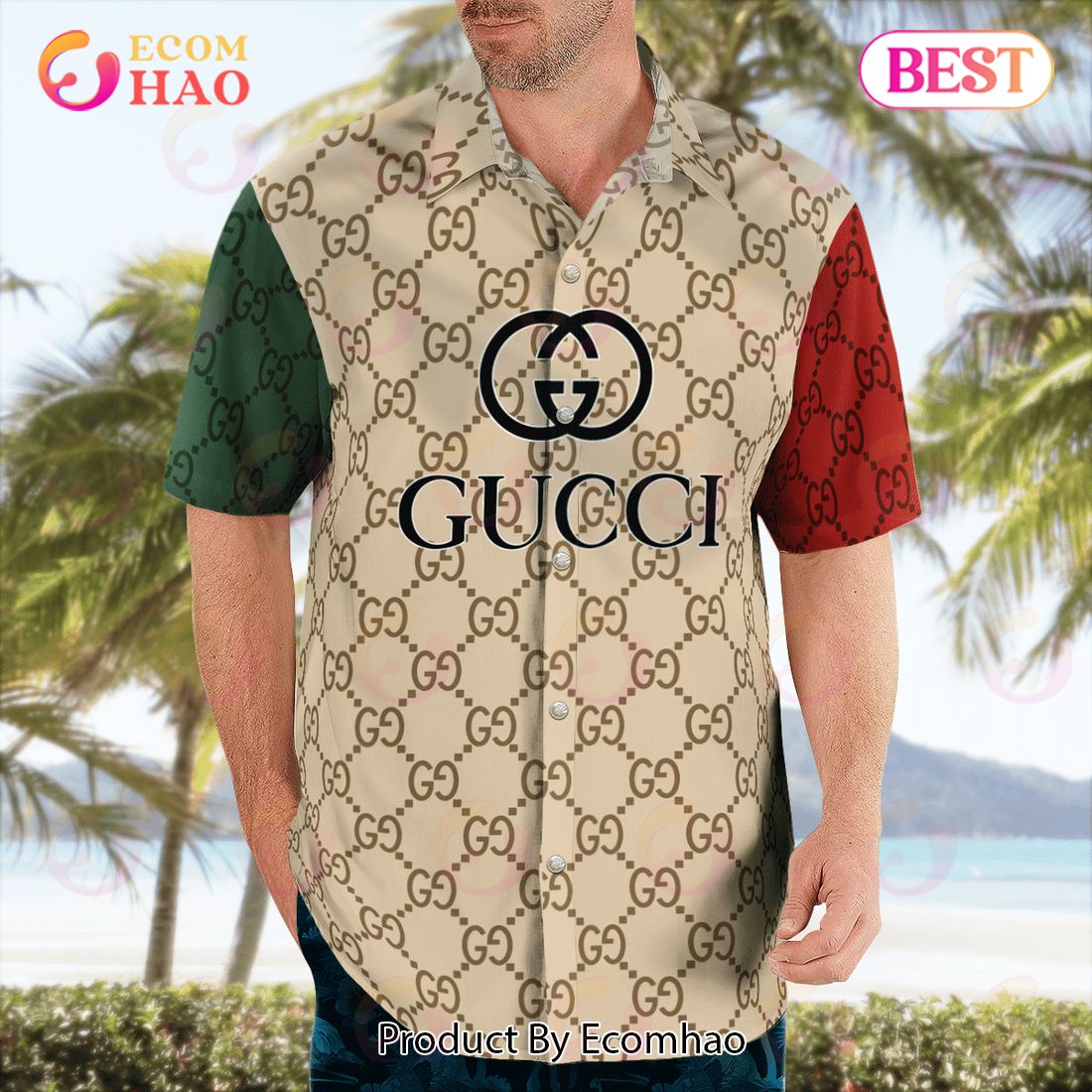 NEW Gucci Red Greeb Brown Hawaiian Shirt & Beach Shorts Luxury Items