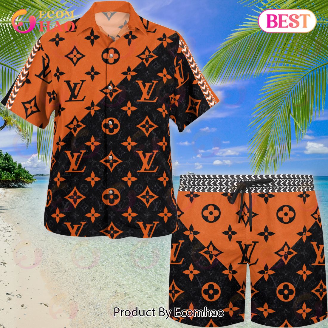 Louis Vuitton Monogram Black Mix Gold Hawaiian Shirt And Beach