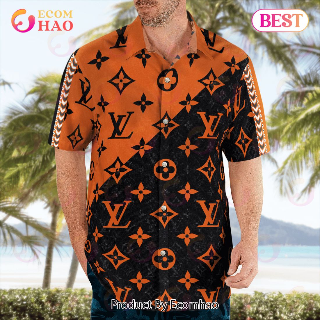 NEW Louis Vuitton Black Mix Orange Hot Color Summer 2023 Hawaiian Shirt & Beach Shorts Luxury Items