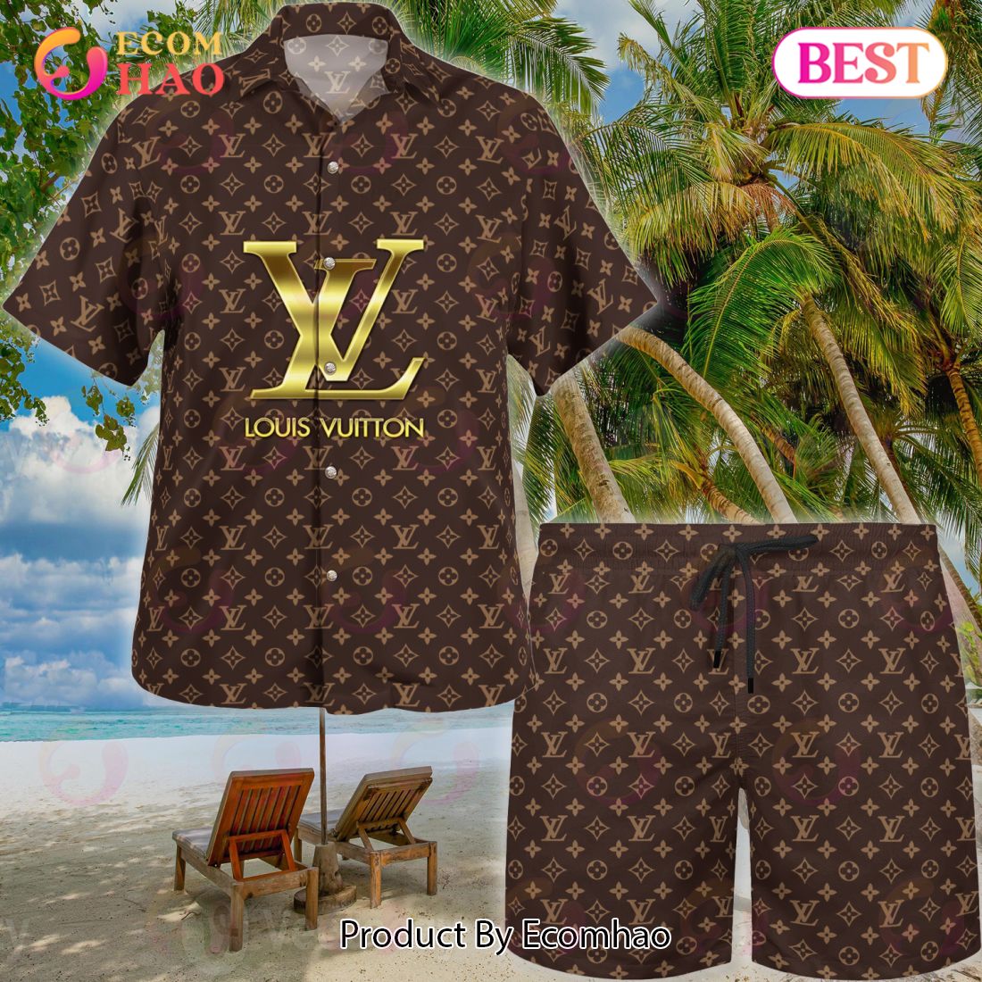 Louis Vuitton Logo Pattern Brown Beige LV Hawaiian Shirt And Shorts -  Ecomhao Store