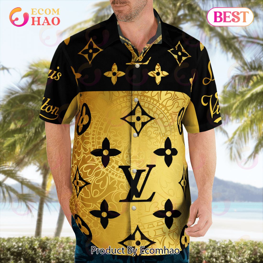 Louis Vuitton Logo Pattern Black Brown Flower Hot Summer LV Hawaiian Shirt  And Shorts - Ecomhao Store