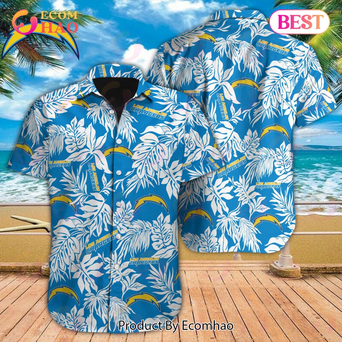 NFL Los Angeles Chargers Special Hawaiian Tropical Leaves Design Button Shirt