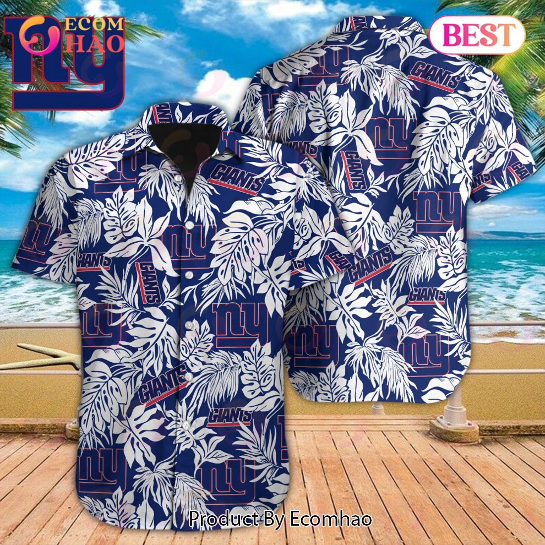 NFL New York Giants Special Hawaiian Tropical Leaves Design Button Shirt