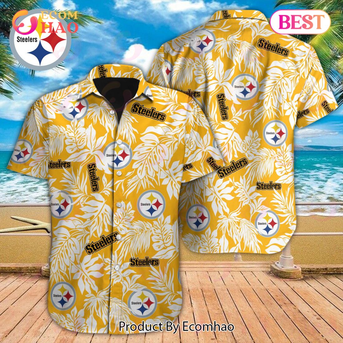 NFL Pittsburgh Steelers Special Hawaiian Tropical Leaves Design Button Shirt