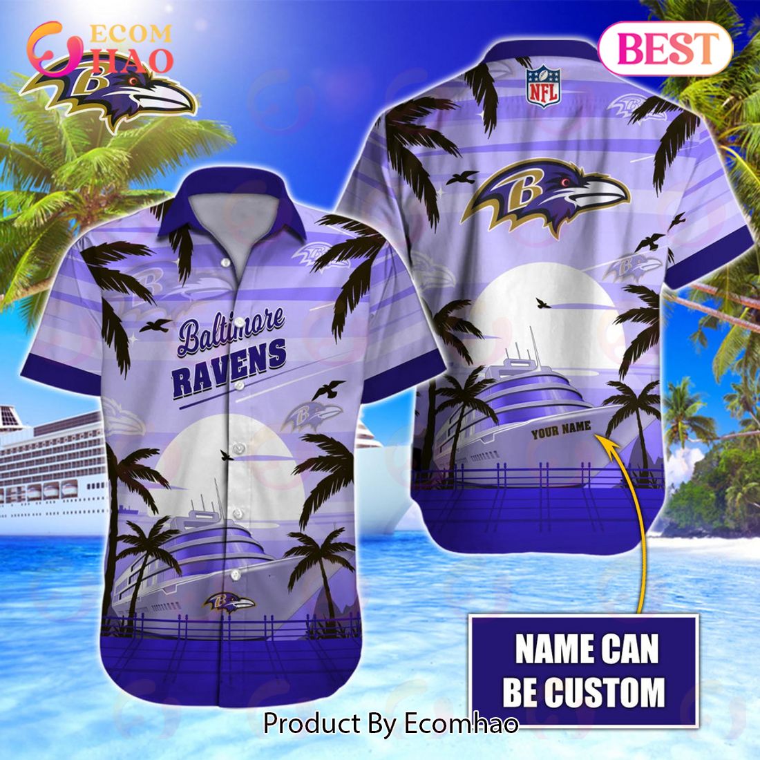 NFL Baltimore Ravens Special Hawaiian Design With Ship And Coconut Tree Button Shirt