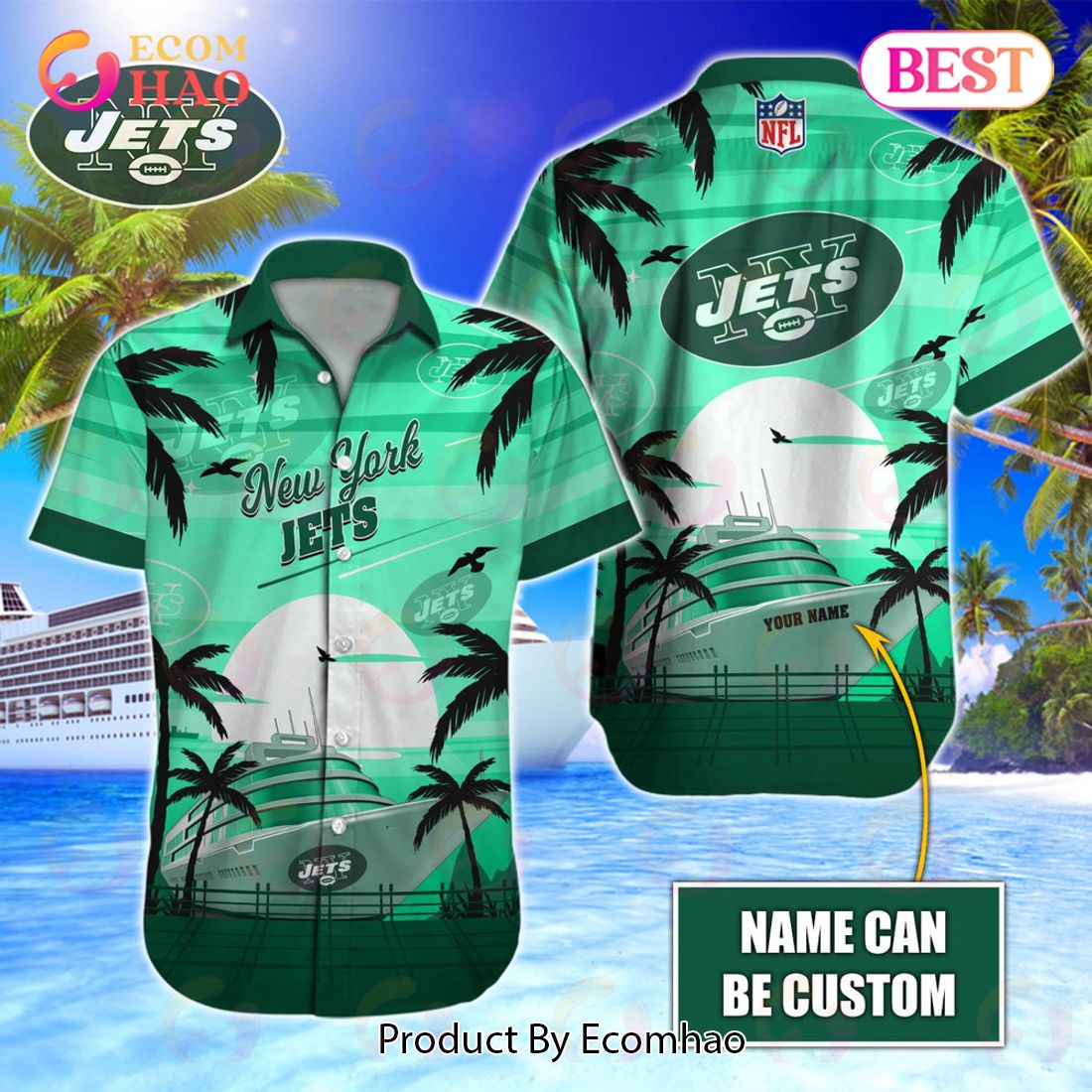 NFL New York Jets Special Hawaiian Design With Ship And Coconut Tree Button Shirt