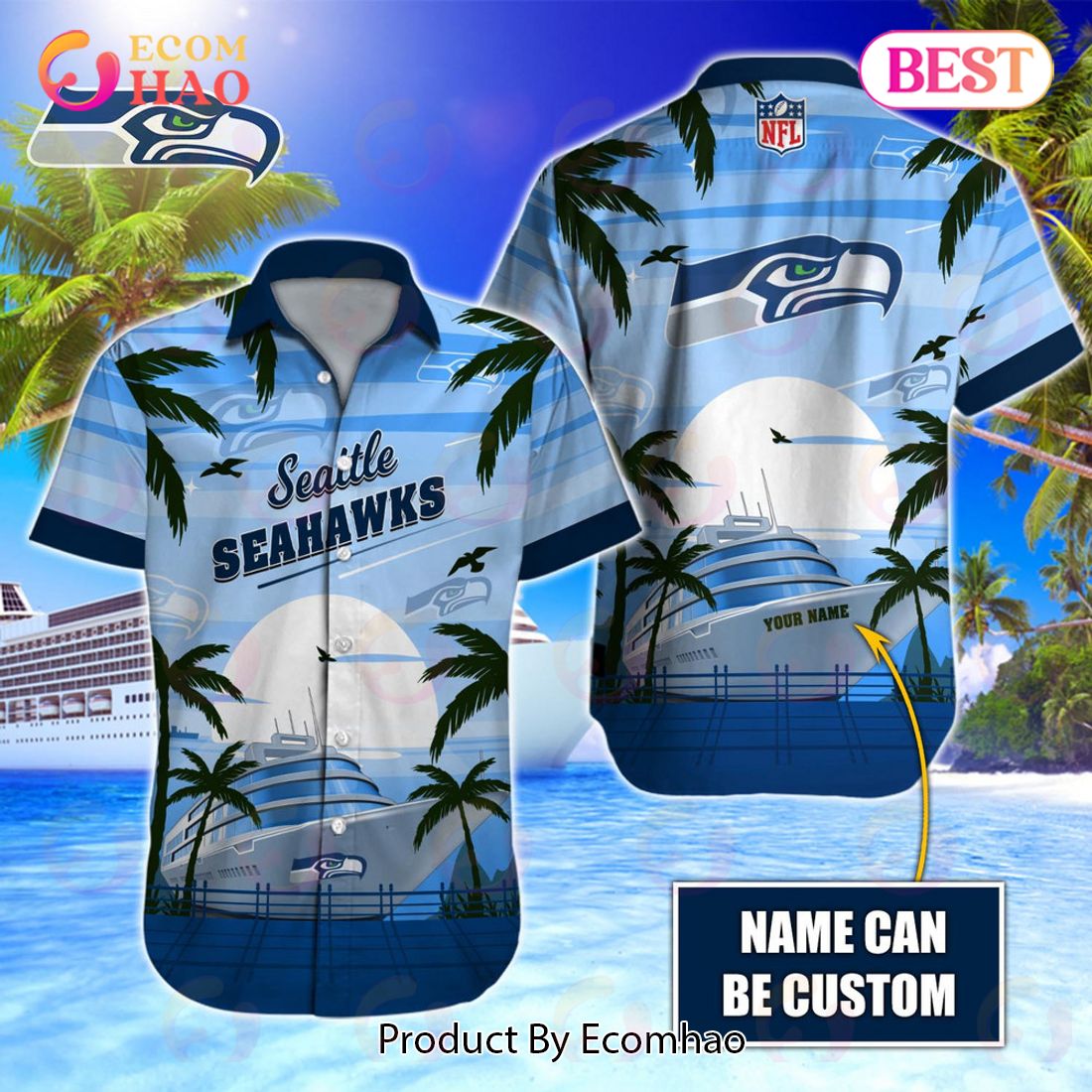 NFL Seattle Seahawks Special Hawaiian Design With Ship And Coconut Tree Button Shirt