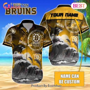 NHL Boston Bruins Special Hawaiian Design With Dolphins And Waves Button Shirt