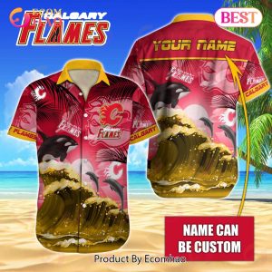 NHL Calgary Flames Special Hawaiian Design With Dolphins And Waves Button Shirt