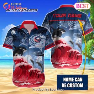 NHL Columbus Blue Jackets Special Hawaiian Design With Dolphins And Waves Button Shirt