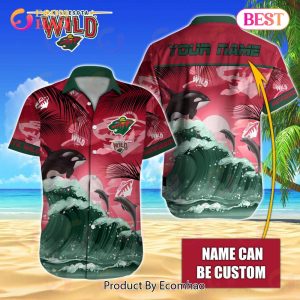 NHL Minnesota Wild Special Hawaiian Design With Dolphins And Waves Button Shirt