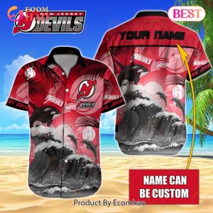NHL New Jersey Devils Special Hawaiian Design With Dolphins And Waves Button Shirt