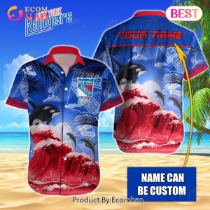 NHL New York Rangers Special Hawaiian Design With Dolphins And Waves Button Shirt