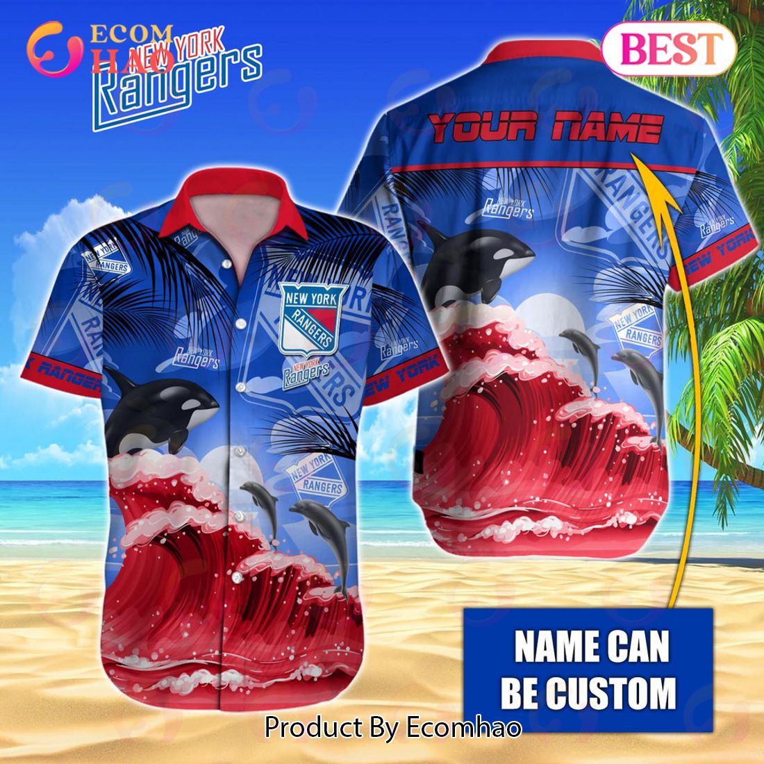 NHL New York Rangers Special Hawaiian Design With Dolphins And Waves Button Shirt