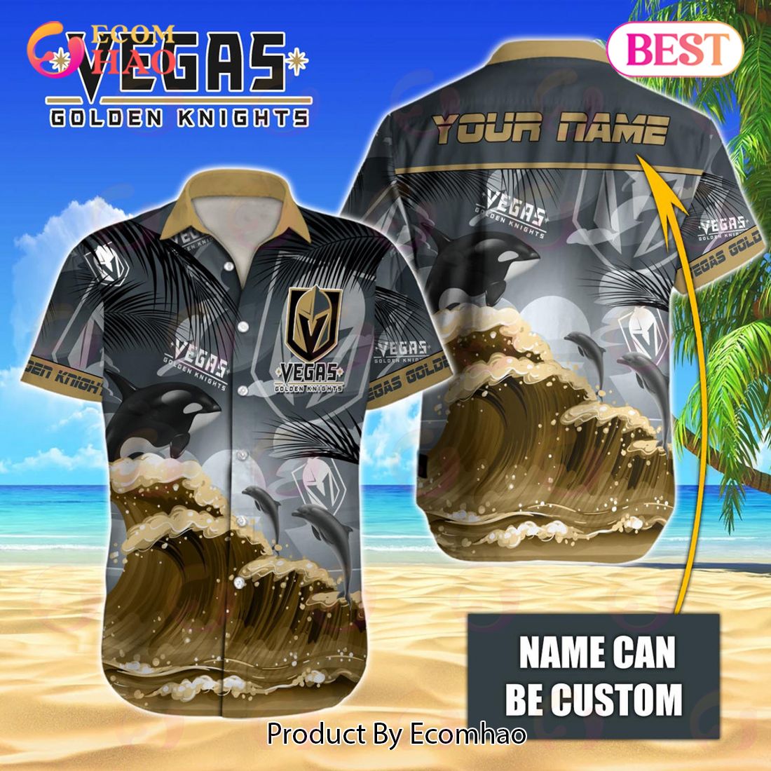 NHL Vegas Golden Knights Special Hawaiian Design With Dolphins And Waves Button Shirt