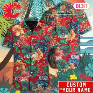 Custom Name NHL Calgary Flames Special Hawaiian Tropical Style Button Shirt