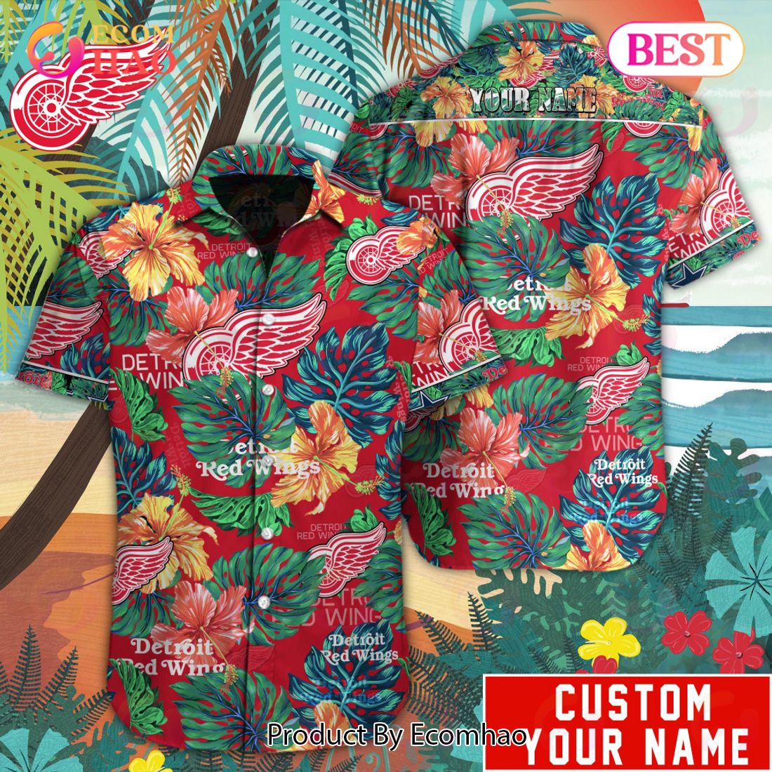 Custom Name NHL Detroit Red Wings Special Hawaiian Tropical Style Button Shirt