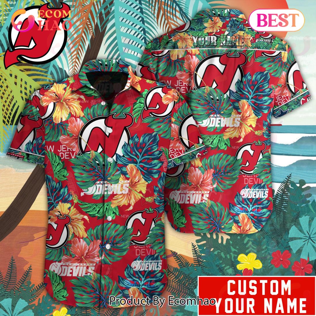 Custom Name NHL New Jersey Devils Special Hawaiian Tropical Style Button Shirt