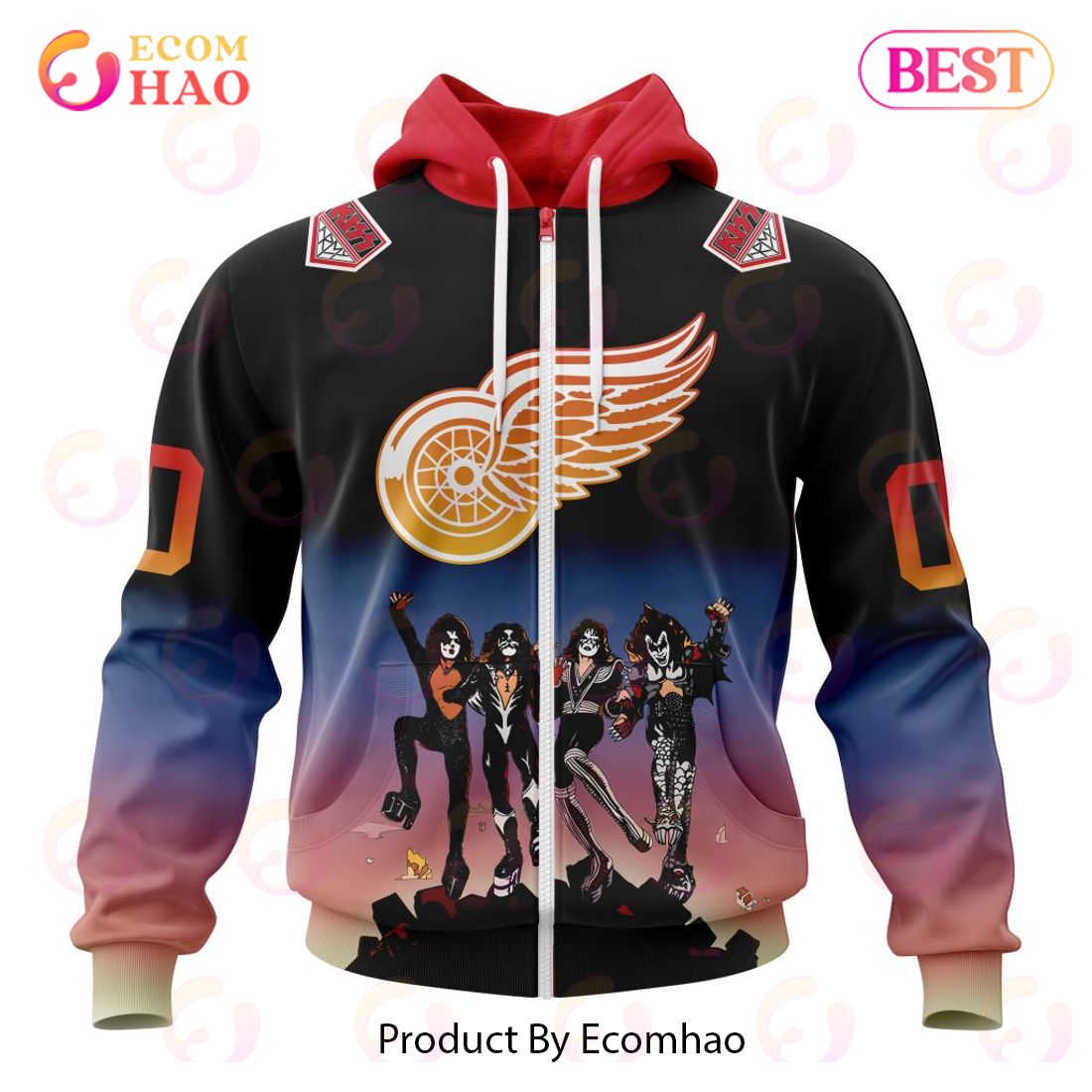 NHL Detroit Red Wings X KISS Band Design 3D Hoodie