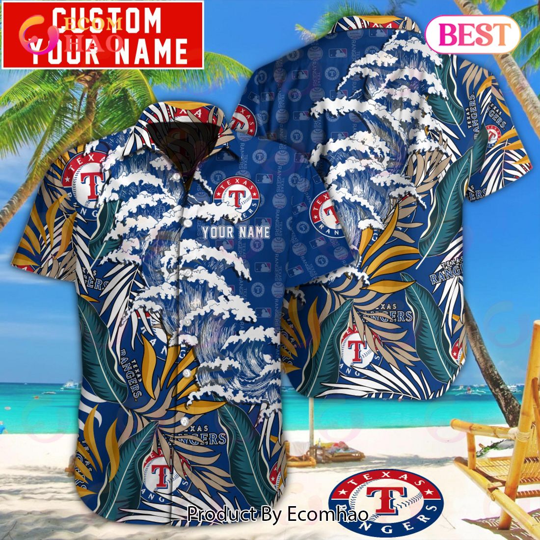 Custom Name MLB Texas Rangers Special Hawaiian Design Button Shirt