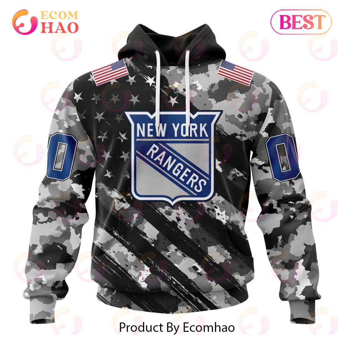 NHL New York Rangers Special Camo Armed Forces Design 3D Hoodie