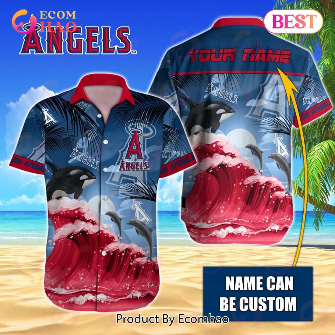 MLB Los Angeles Angels Special Hawaiian Design Dolphins And Waves Button Shirt