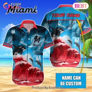 MLB Miami Marlins Special Hawaiian Design Dolphins And Waves Button Shirt