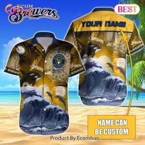 MLB Milwaukee Brewers Special Hawaiian Design Dolphins And Waves Button Shirt