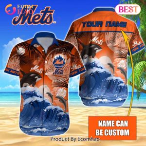 MLB New York Mets Special Hawaiian Design Dolphins And Waves Button Shirt